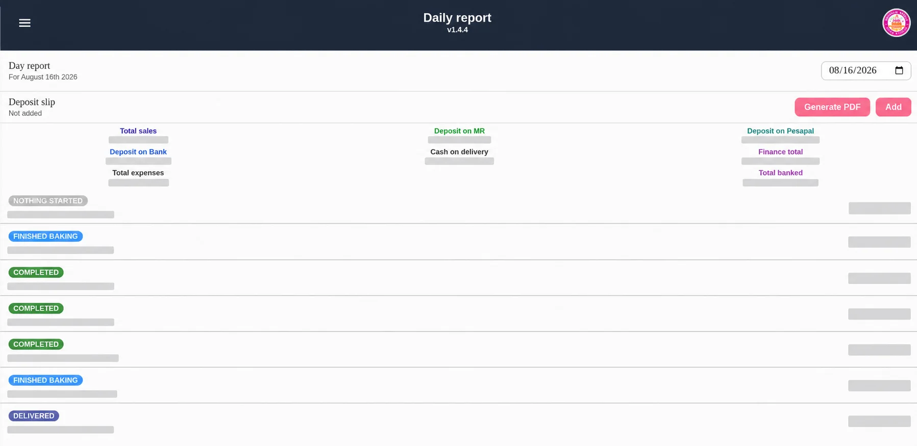 Daily sales and finance report with names, messages, and financial values redacted