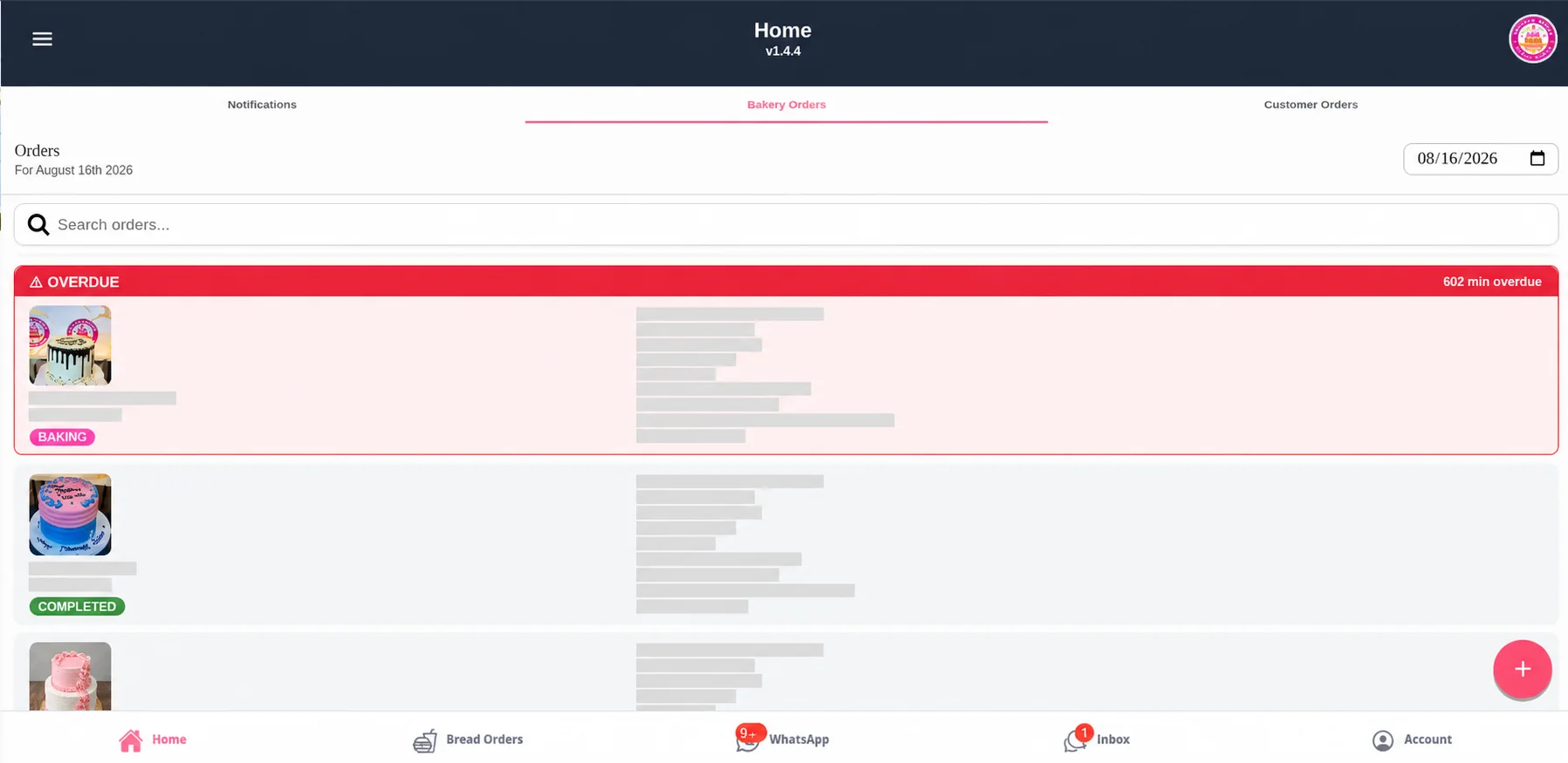 Maurice Cakes order-management screen showing production statuses and redacted customer details
