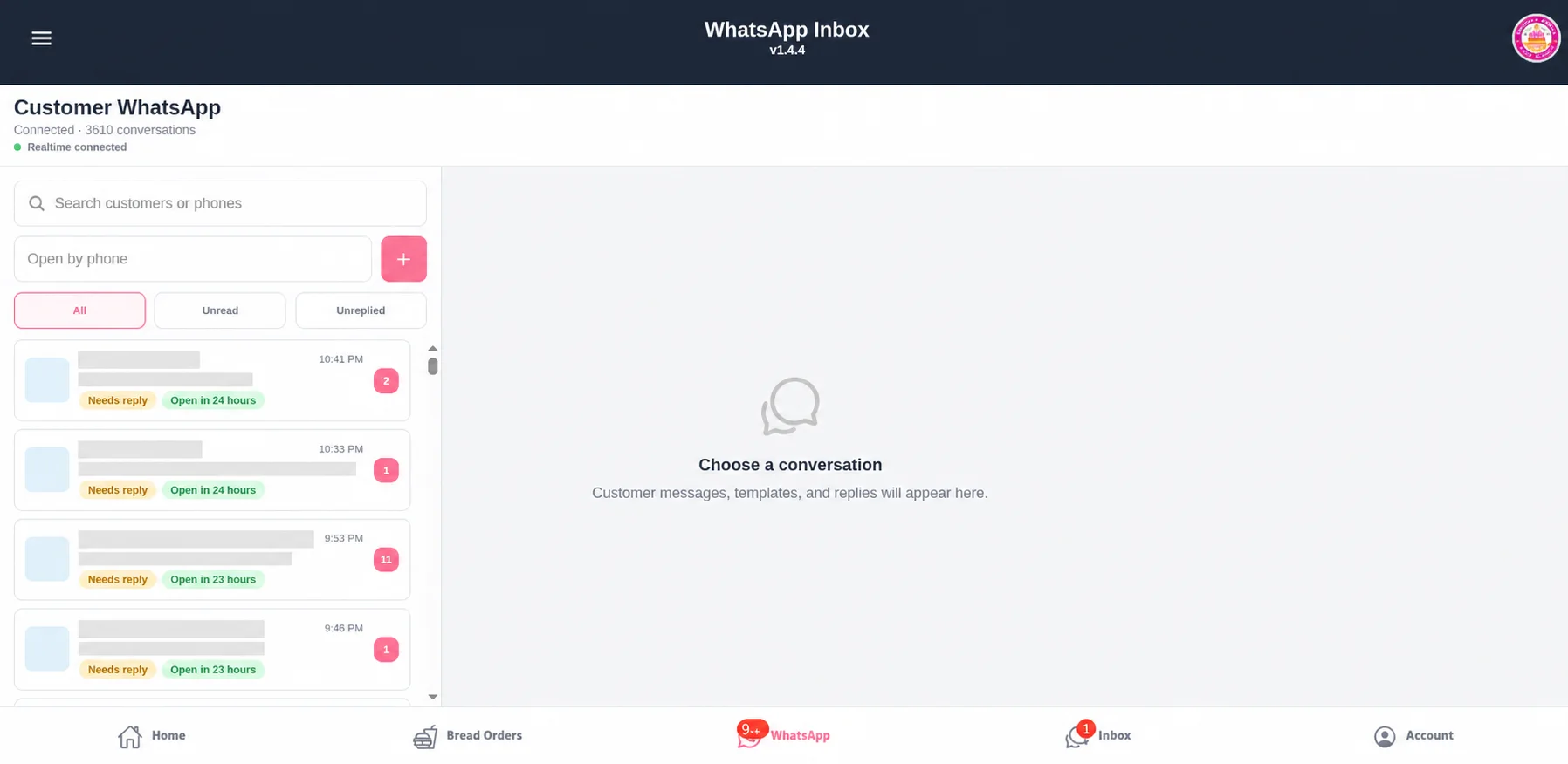 Real-time multi-user WhatsApp inbox with customer identities and message previews redacted